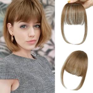imageNAYOO Bangs Hair Clip  Moca Brown Fake Bangs 100 Real Human Hair Extensions Wispy Bangs for Women Fringe with Temples Hairpieces Curved Bangs for Daily WearMoca Brown