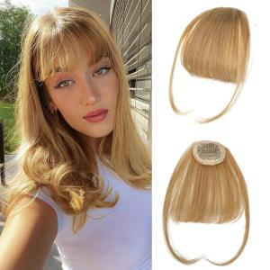 imageNAYOO Bangs Hair Clip  Moca Brown Fake Bangs 100 Real Human Hair Extensions Wispy Bangs for Women Fringe with Temples Hairpieces Curved Bangs for Daily WearBlonde