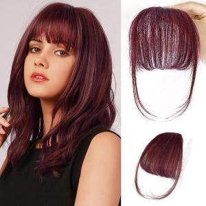 imageNAYOO Bangs Hair Clip  Moca Brown Fake Bangs 100 Real Human Hair Extensions Wispy Bangs for Women Fringe with Temples Hairpieces Curved Bangs for Daily WearRed
