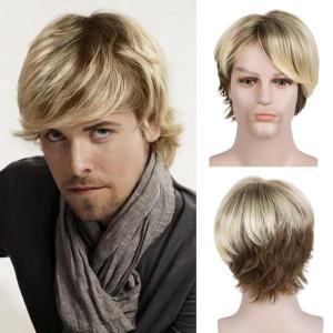imageNAYOO Mens Short Wig Layered Blonde Male Wig Synthetic Hair Wigs Halloween Party with Wig CapBlonde Mix brown