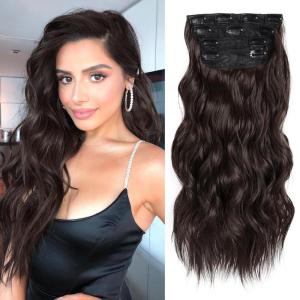 imageNAYOO Darkest Brown Clip in Long Wavy Hair Extensions for Women 4PCS Curly Synthetic Thick Hairpieces with Fiber Double Weft Hair Full Head20 inch Darkest Brown