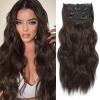 imageNAYOO 4PCS Dark Brown Clip in Hair Extensions Long Wavy Curly Synthetic Thick Hairpieces for Women with Fiber Double Weft Hair Full Head20 inch Brown