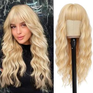 imageNAYOO Blonde Wigs with Bangs Long Wavy Wigs for Women 24 Inches Synthetic Heat Resistant Wig Natural Looking Realistic Wigs for Daily Party UseHalloween UseBlonde24 Inch