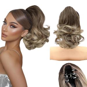 image:imageNAYOO Claw Clip Ponytail Extension Blonde 18 Long Wavy Ponytail Clip in Hair Extensions for Women Curly Natural Layered Pony Tails for Short Thin Hair Synthetic HairpieceBlondeOmbre Blonde