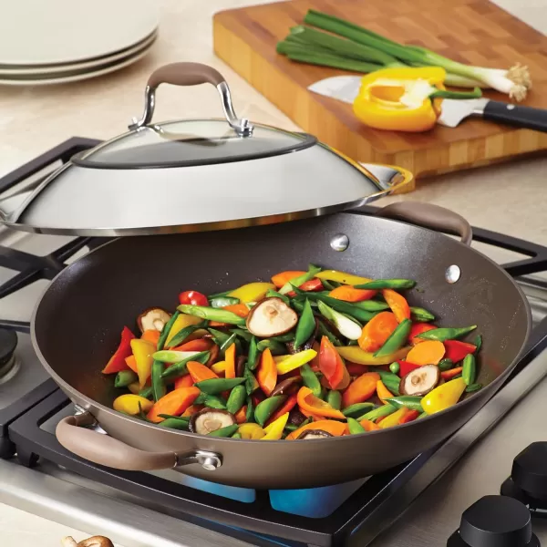 Anolon Advanced Hard Anodized Nonstick Stir Fry Wok Pan with Lid, 14 Inch, Gray