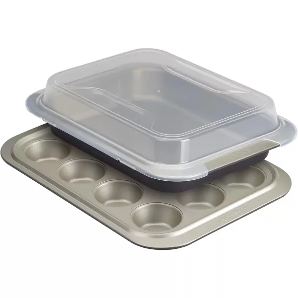 Anolon Allure Nonstick Bakeware Set includes Nonstick Baking Pan with Lid and Muffin/Cupcake Pan - 3 Piece, Onyx/Black/Pewter