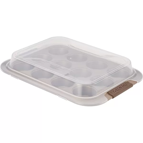 Anolon Bronze Nonstick 12-Cup Muffin Tin With Silicone Grips and Lid / Nonstick 12-Cup Cupcake Tin With Silicone Grips and Lid - 12 Cup, Brown