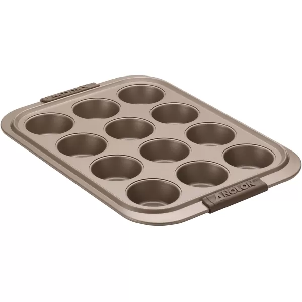 Anolon Bronze Nonstick 12-Cup Muffin Tin With Silicone Grips and Lid / Nonstick 12-Cup Cupcake Tin With Silicone Grips and Lid - 12 Cup, Brown
