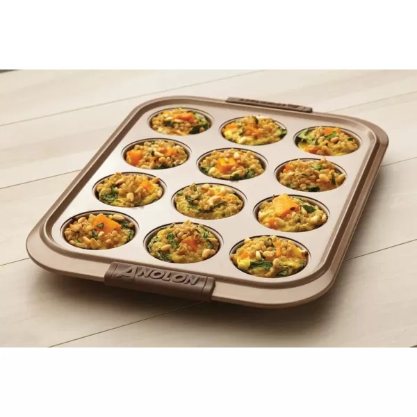Anolon Bronze Nonstick 12-Cup Muffin Tin With Silicone Grips and Lid / Nonstick 12-Cup Cupcake Tin With Silicone Grips and Lid - 12 Cup, Brown