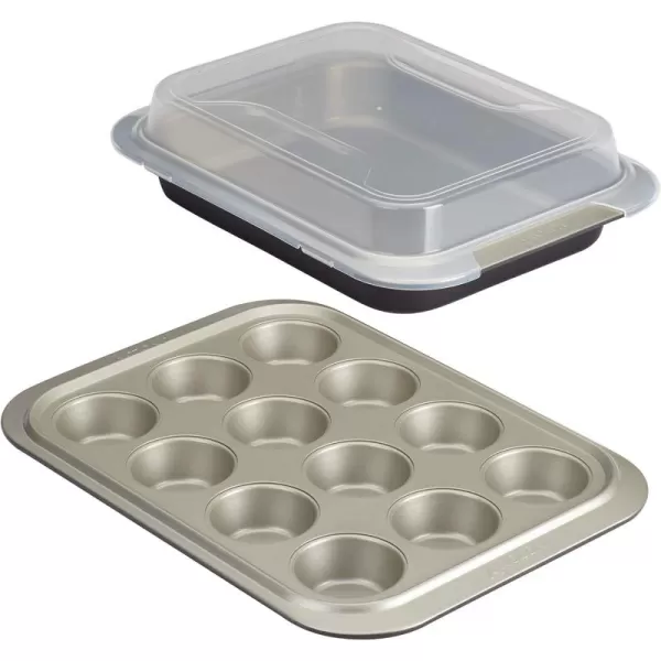 Anolon Allure Nonstick Bakeware Set includes Nonstick Baking Pan with Lid and Muffin/Cupcake Pan - 3 Piece, Onyx/Black/Pewter