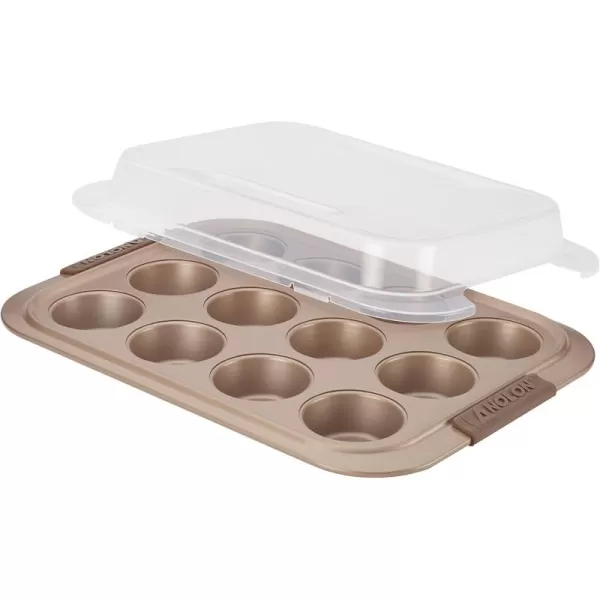 Anolon Bronze Nonstick 12-Cup Muffin Tin With Silicone Grips and Lid / Nonstick 12-Cup Cupcake Tin With Silicone Grips and Lid - 12 Cup, Brown