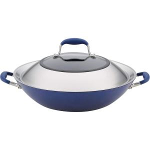 imageAnolon Advanced Hard Anodized Nonstick Stir Fry Wok Pan with Lid 14 Inch Bronze BrownIndigo Blue