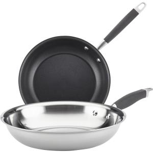 imageAnolon Advanced Triply Stainless Steel Frying Pan Set  Fry Pan Set  Skillet Set  1025 Inch and 1275 Inch  SilverStainless Steel Nonstick