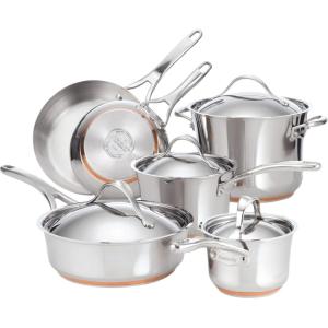 imageAnolon Nouvelle Copper FryingFry PanSkillet Set 95 Inch Stainless Steel and 1025 Inch Hard Anodized NonstickCookware Set 10 Piece