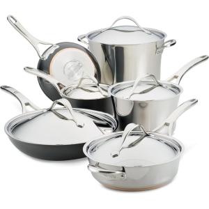 imageAnolon Nouvelle Copper FryingFry PanSkillet Set 95 Inch Stainless Steel and 1025 Inch Hard Anodized NonstickCookware Set 11 Piece