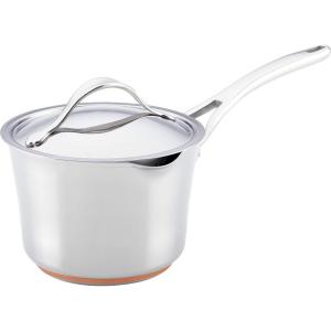 imageAnolon Nouvelle Copper FryingFry PanSkillet Set 95 Inch Stainless Steel and 1025 Inch Hard Anodized NonstickSaucepan w Straining Lid 35 Quart