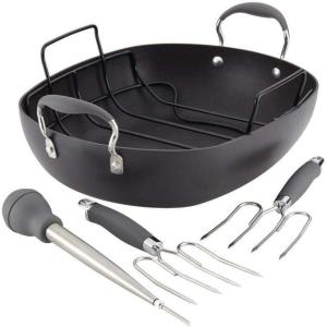 imageAnolon Advanced Home Hard Anodized Nonstick RoasterRoasting Pan with Utensils 16 Inch x 13 Inch MoonstoneGray