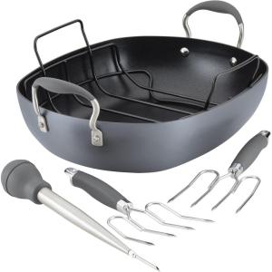 imageAnolon Advanced Home Hard Anodized Nonstick RoasterRoasting Pan with Utensils 16 Inch x 13 Inch MoonstoneMoonstone