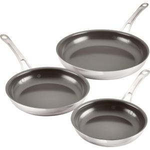 imageAnolon EverLast Ceramic Nonstick Frying PansSkillets Clad Induction 3 Piece Set 85 Inch 10 Inch and 1225 Inch Open Fry Pans  Stainless Steel