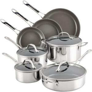 imageAnolon EverLast Ceramic Nonstick Pots and Pans with Lids Clad Induction Includes Saucepans Stockpot Saute and Frying Pans 11 Piece Cookware Set  Stainless Steel