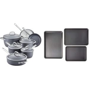 image:imageAnolon Accolade Forged Hard Anodized Nonstick Cookware Pots and Pans Set 12 Piece  Moonstone Gray  Anolon Gourmet Nonstick Bakeware Set with Nonstick Cookie Sheets  Baking Sheets  3 Piece Graphite Gray