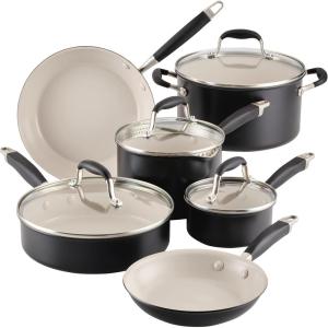 image:imageAnolon Advanced Ceramic Nonstick Pots and Pans cookware made for confident cooking without PFAS Induction Suitable Dishwasher Safe 10 Piece Cookware Set  Black with Cream Ceramic InteriorCookware Set 10 Piece