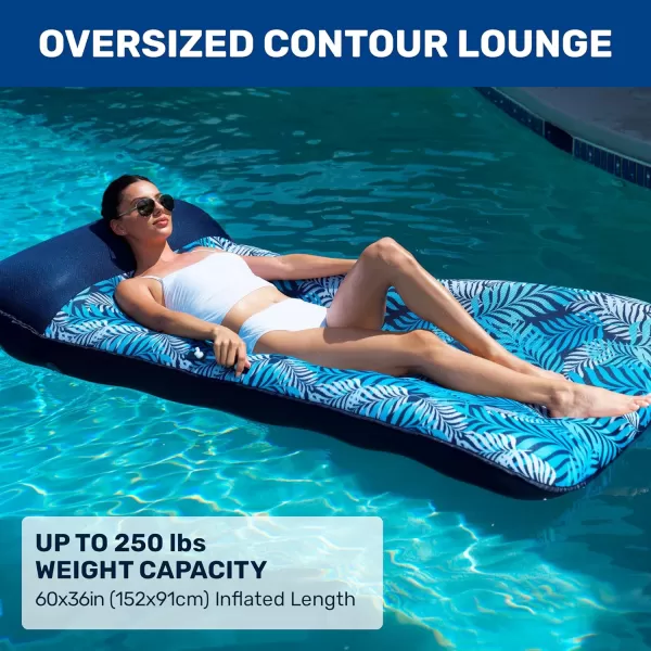 Aqua Deluxe Contour Pool Chair Lounge, Luxury Fabric, Suntanner Adult Size Pool Float, Lake Floating Chair, Heavy Duty, Blue/White Fern