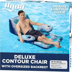imageAqua Deluxe Contour Pool Chair Lounge Luxury Fabric Suntanner Adult Size Pool Float Lake Floating Chair Heavy Duty BlueWhite FernContour Chair Float Blue Fern