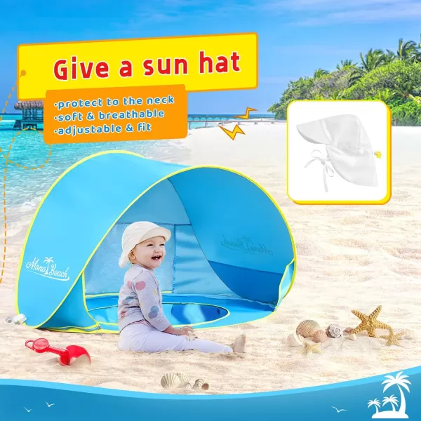 imageMonobeach Baby Beach Tent Pop Up Portable Shade Pool UV Protection Sun Shelter for InfantBlue with Baby Sun Hat