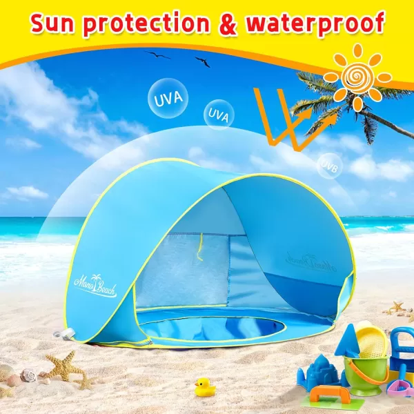 imageMonobeach Baby Beach Tent Pop Up Portable Shade Pool UV Protection Sun Shelter for InfantBlue with Baby Sun Hat