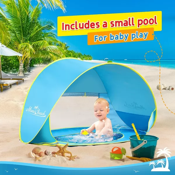 imageMonobeach Baby Beach Tent Pop Up Portable Shade Pool UV Protection Sun Shelter for InfantBlue with Baby Sun Hat