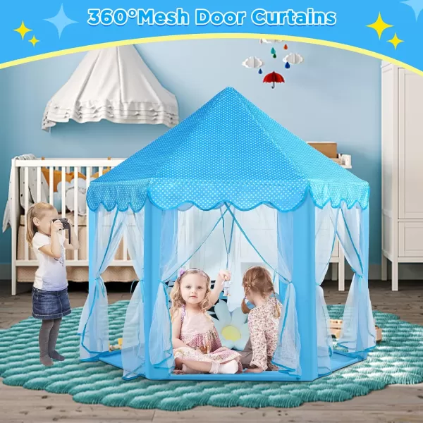 imageMonobeach Princess Tent Girls Large Playhouse Kids Castle Play Tent with Star Lights Toy for Children Indoor and Outdoor Games 55 x 53 DxHBlue Prinecss Tent with Little Star Lights
