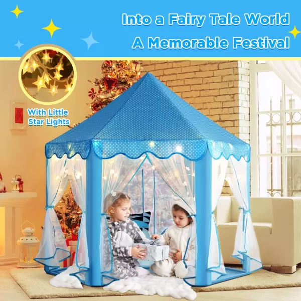imageMonobeach Princess Tent Girls Large Playhouse Kids Castle Play Tent with Star Lights Toy for Children Indoor and Outdoor Games 55 x 53 DxHBlue Prinecss Tent with Little Star Lights