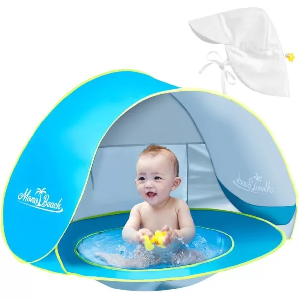 imageMonobeach Baby Beach Tent Pop Up Portable Shade Pool UV Protection Sun Shelter for InfantBlue with Baby Sun Hat