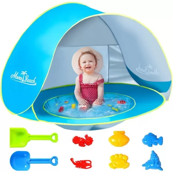 imageMonobeach Baby Beach Tent Pop Up Portable Shade Pool UV Protection Sun Shelter for InfantBlue with Beach Sand Toys