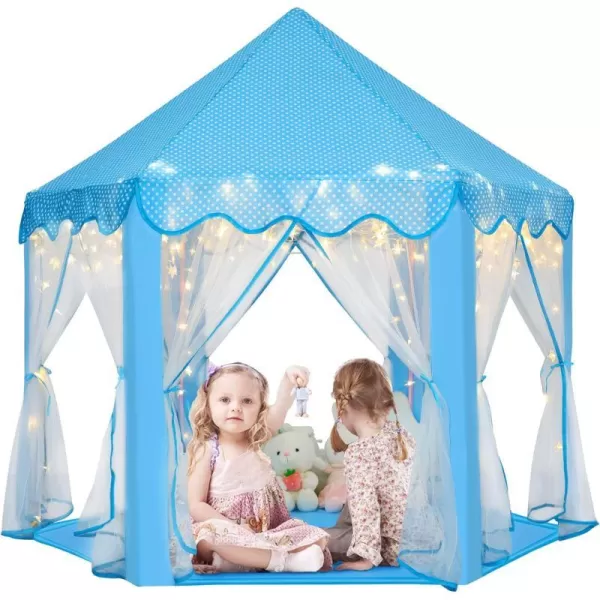 imageMonobeach Princess Tent Girls Large Playhouse Kids Castle Play Tent with Star Lights Toy for Children Indoor and Outdoor Games 55 x 53 DxHBlue Prinecss Tent with Little Star Lights