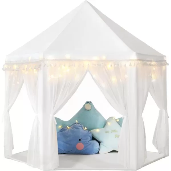 imageMonobeach White Princess Tent Girls Tassel Decor Large Playhouse Kids Castle Play Tent with Star Lights Toy for Children Indoor and Outdoor Games 55 x 53 White Princess Tent with TasselWhite Princess Tent with Tassel