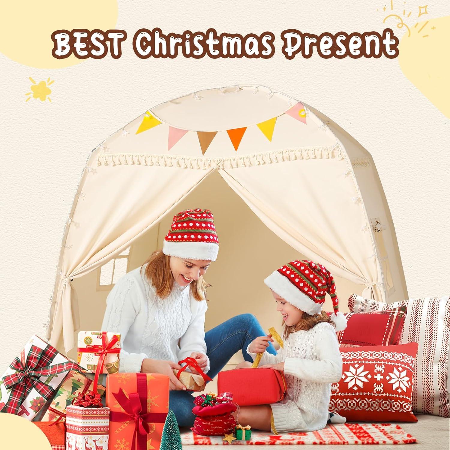 imageMonobeach Kids Tent Beige Play Tent with Long Mesh Curtain Large Playhouse for Indoor Outdoor Play Cottage Castle Toy for Girls Boys House Gift Beige Kids Play TentLarge Beige Toddlers Bed Tent