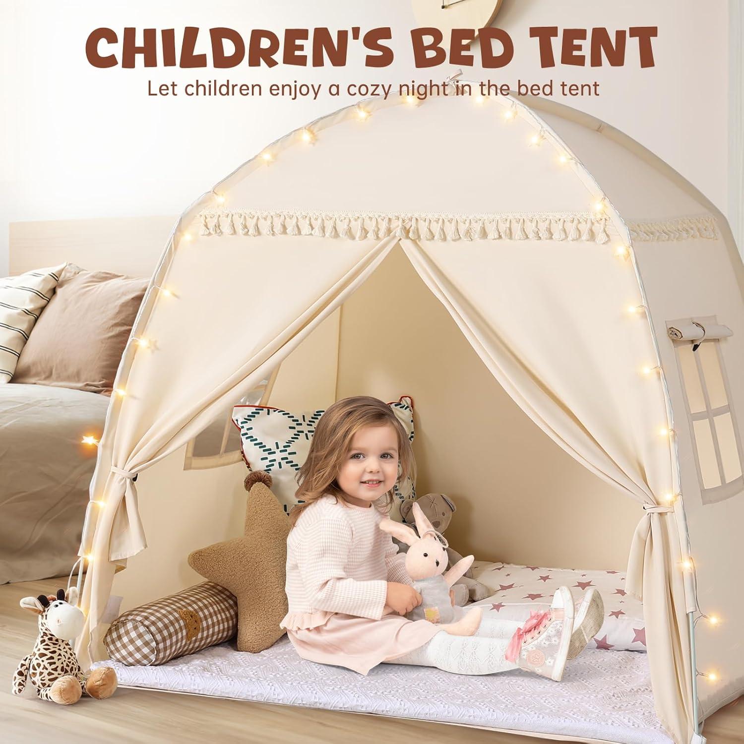 imageMonobeach Kids Tent Beige Play Tent with Long Mesh Curtain Large Playhouse for Indoor Outdoor Play Cottage Castle Toy for Girls Boys House Gift Beige Kids Play TentMedium Beige Toddlers Bed Tent