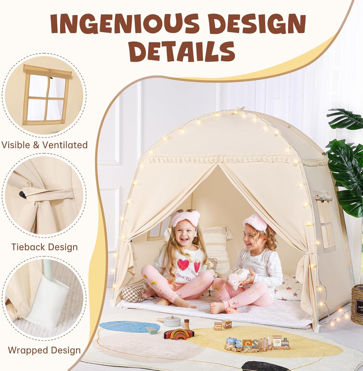 imageMonobeach Kids Tent Beige Play Tent with Long Mesh Curtain Large Playhouse for Indoor Outdoor Play Cottage Castle Toy for Girls Boys House Gift Beige Kids Play TentMedium Beige Toddlers Bed Tent