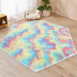imageMonobeach Pink Kids Rug for Nursery Children Room Decor Ultra Soft Hexagon Carpet for Princess Tent for Girls Baby Play Mat for Floor 55x 47 Rainbow Hexagon 55x 47