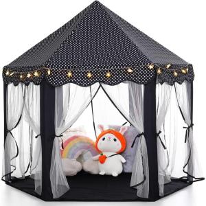 imageMonobeach Princess Tent Girls Unicorn Large Playhouse Kids Castle Play Tent with Star Lights Gift Toy for Children Indoor and Outdoor Games 55 x 53 DxH11 Black Tent with Little Star Lights