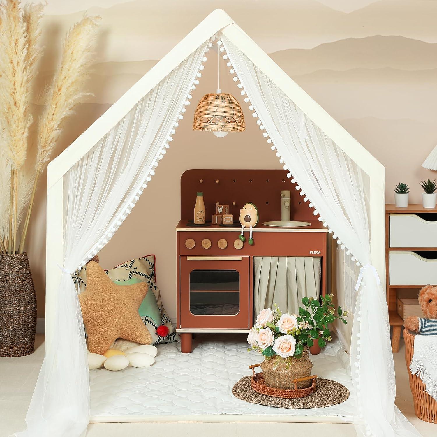 imageMonobeach Kids Tent Beige Play Tent with Long Mesh Curtain Large Playhouse for Indoor Outdoor Play Cottage Castle Toy for Girls Boys House Gift Beige Kids Play Tent with MatBeige Kids Play Tent with Mat