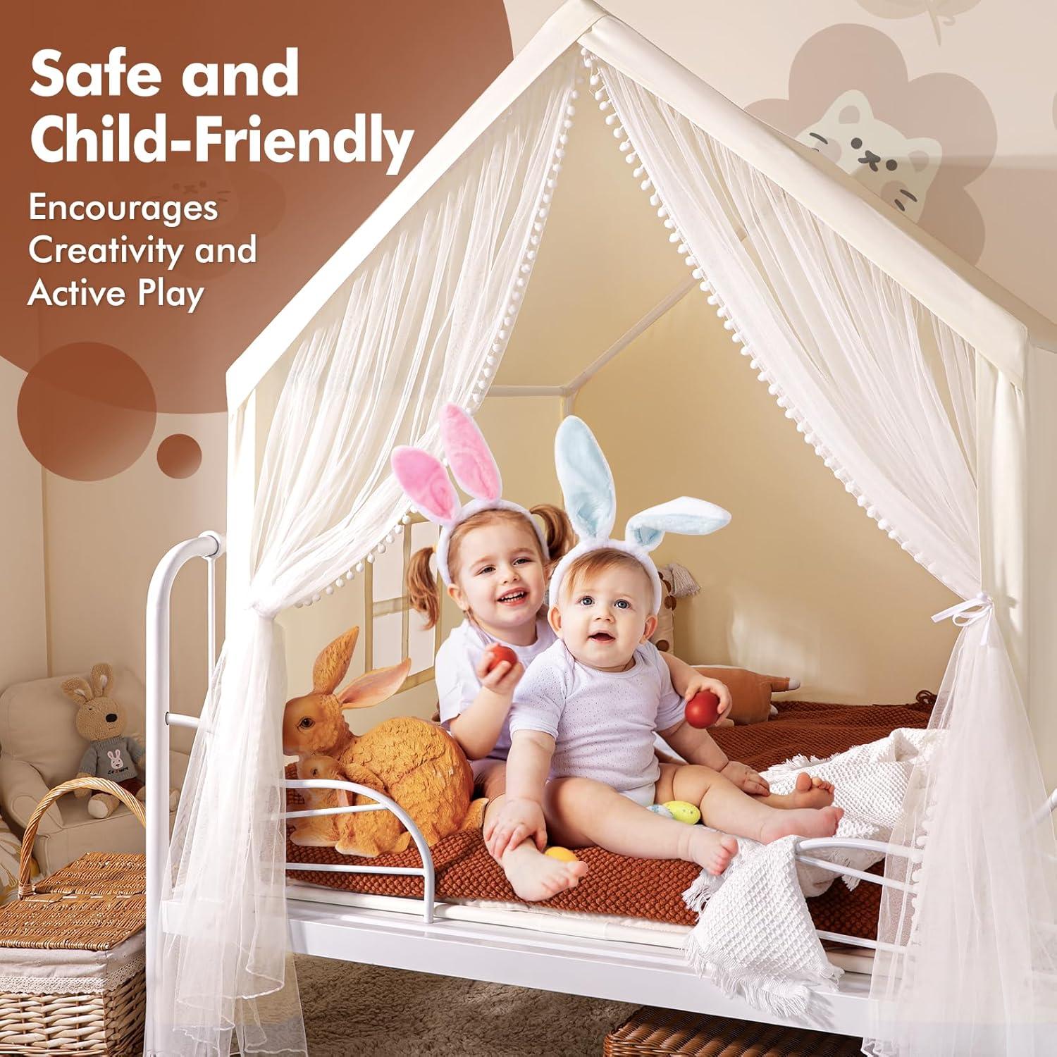 imageMonobeach Kids Tent Beige Play Tent with Long Mesh Curtain Large Playhouse for Indoor Outdoor Play Cottage Castle Toy for Girls Boys House Gift Beige Kids Play Tent with MatBeige Kids Play Tent
