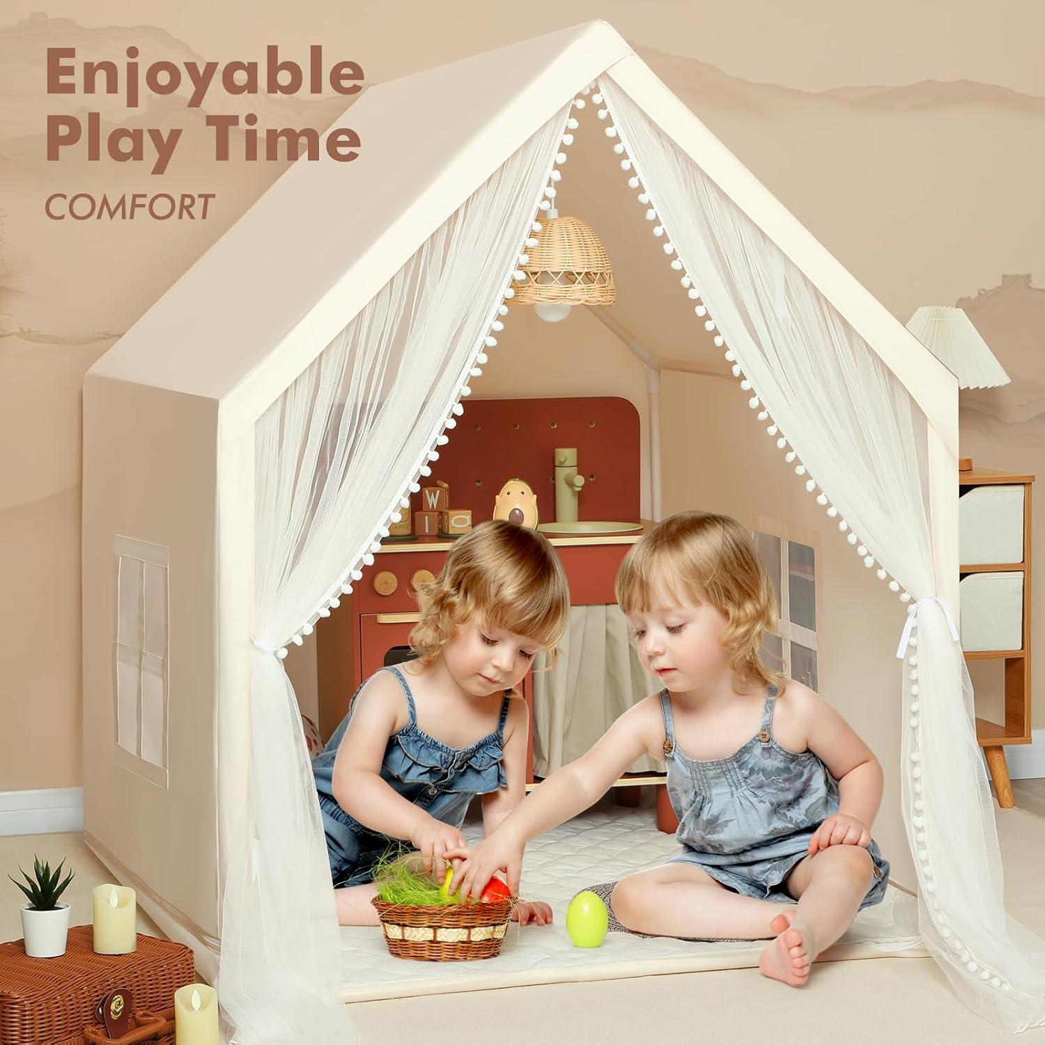 imageMonobeach Kids Tent Beige Play Tent with Long Mesh Curtain Large Playhouse for Indoor Outdoor Play Cottage Castle Toy for Girls Boys House Gift Beige Kids Play Tent with MatBeige Kids Play Tent with Mat