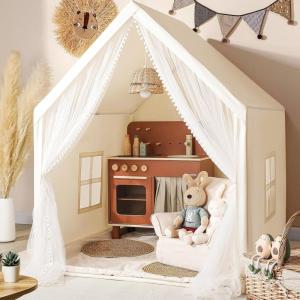 imageMonobeach Kids Tent Beige Play Tent with Long Mesh Curtain Large Playhouse for Indoor Outdoor Play Cottage Castle Toy for Girls Boys House Gift Beige Kids Play Tent with MatBeige Kids Play Tent