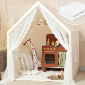 imageMonobeach Kids Tent Beige Play Tent with Long Mesh Curtain Large Playhouse for Indoor Outdoor Play Cottage Castle Toy for Girls Boys House Gift Beige Kids Play Tent with MatBeige Kids Play Tent with Mat