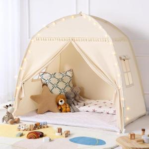 imageMonobeach Kids Tent Beige Play Tent with Long Mesh Curtain Large Playhouse for Indoor Outdoor Play Cottage Castle Toy for Girls Boys House Gift Beige Kids Play Tent with MatMedium Beige Toddlers Bed Tent